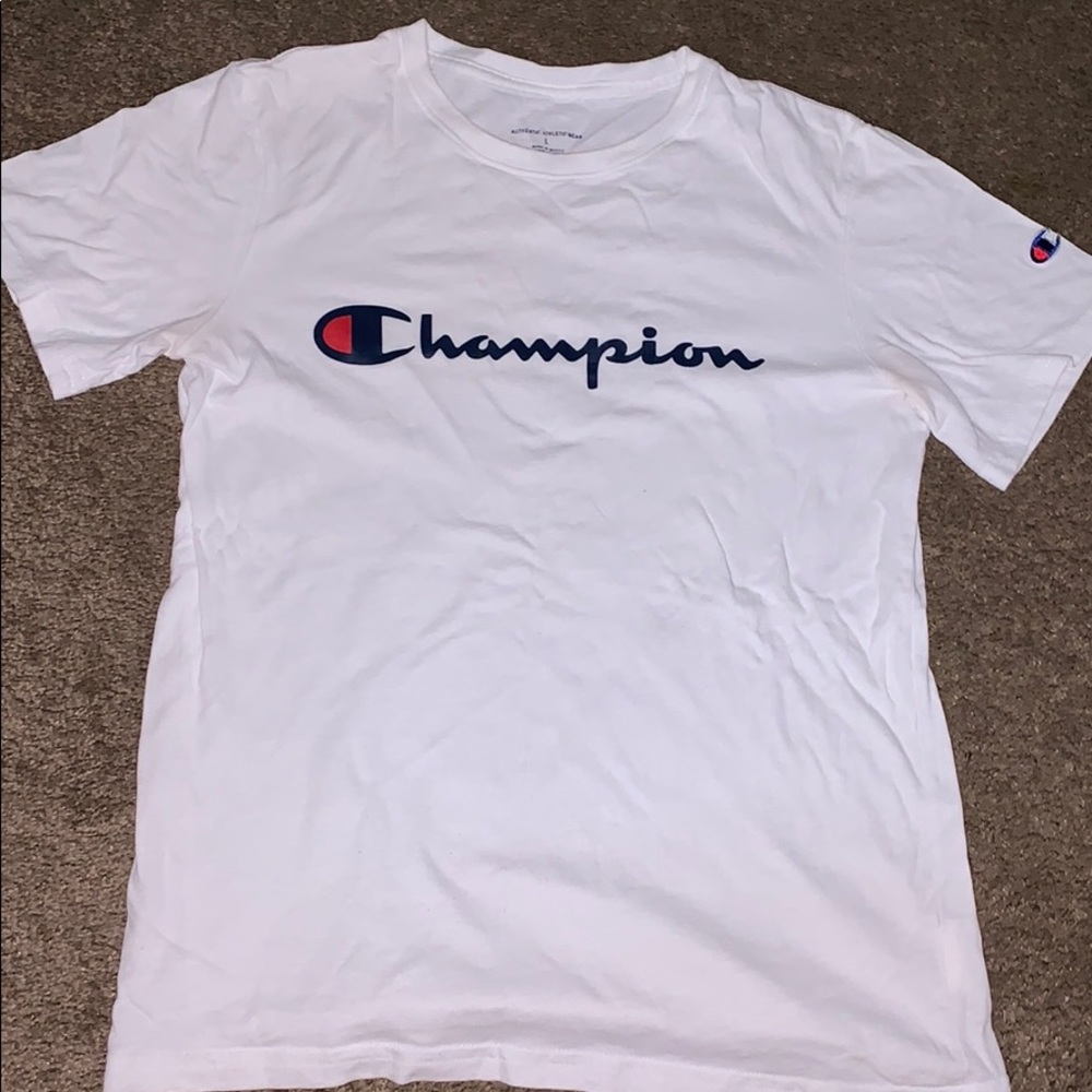 All white champion tee.